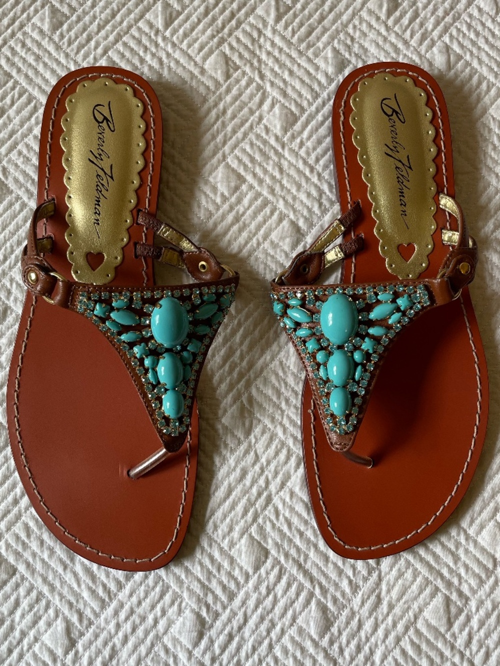 Beverly Feldman turquoise-beaded and rhinestone slip-on sandal size 8